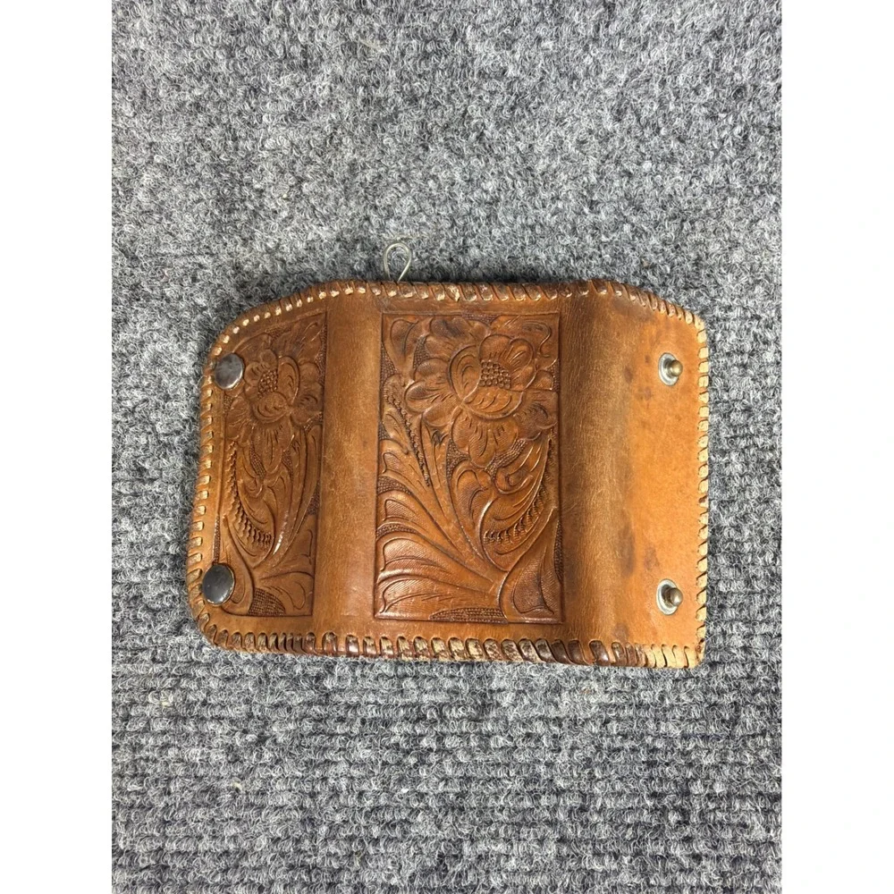 Vintage Hand Tooled Leather Key Case Western Floral Whipstitch Brown UCF Corp